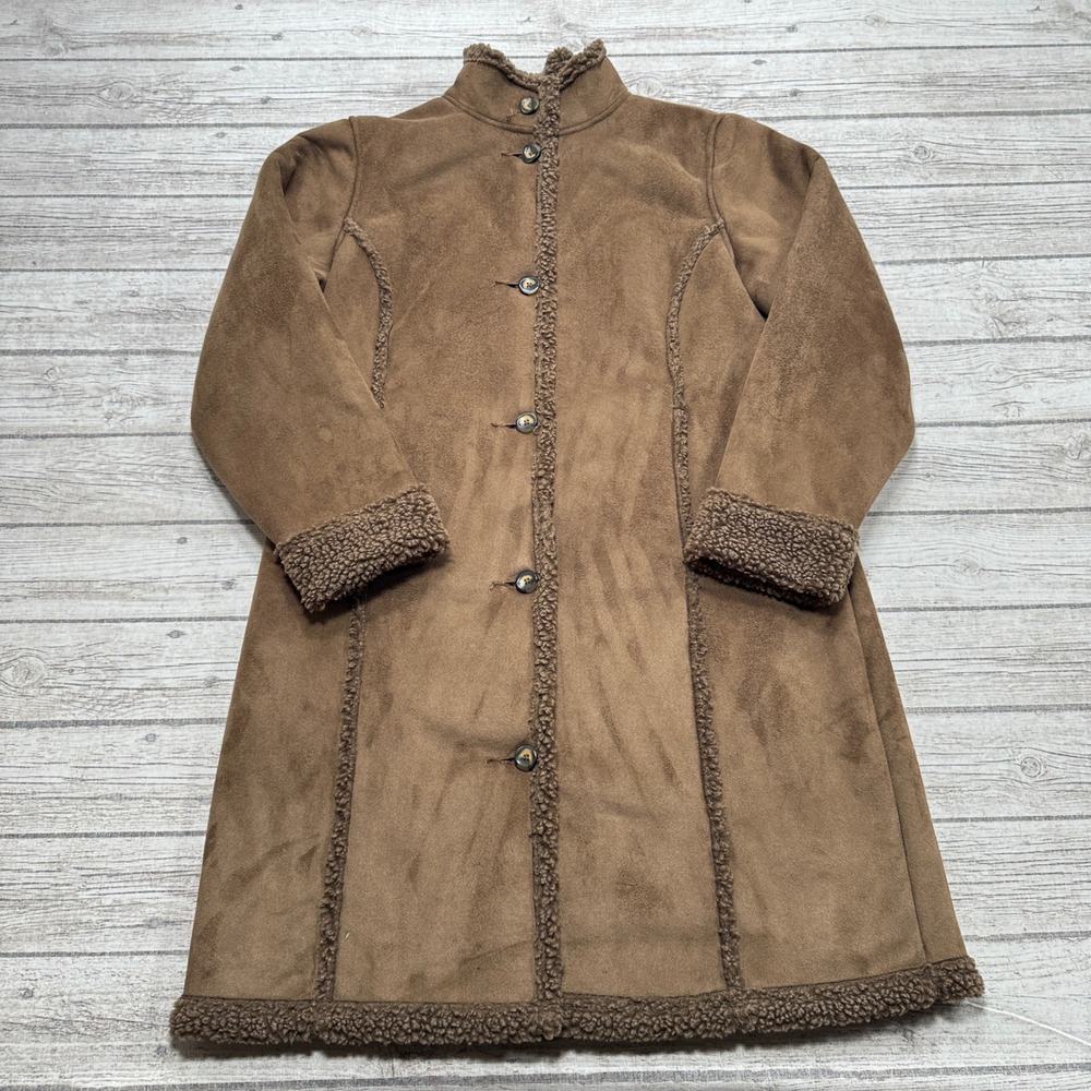L.L. Bean Coat Women's Small Brown Button Front Faux Suede Sherpa Lined Outdoor